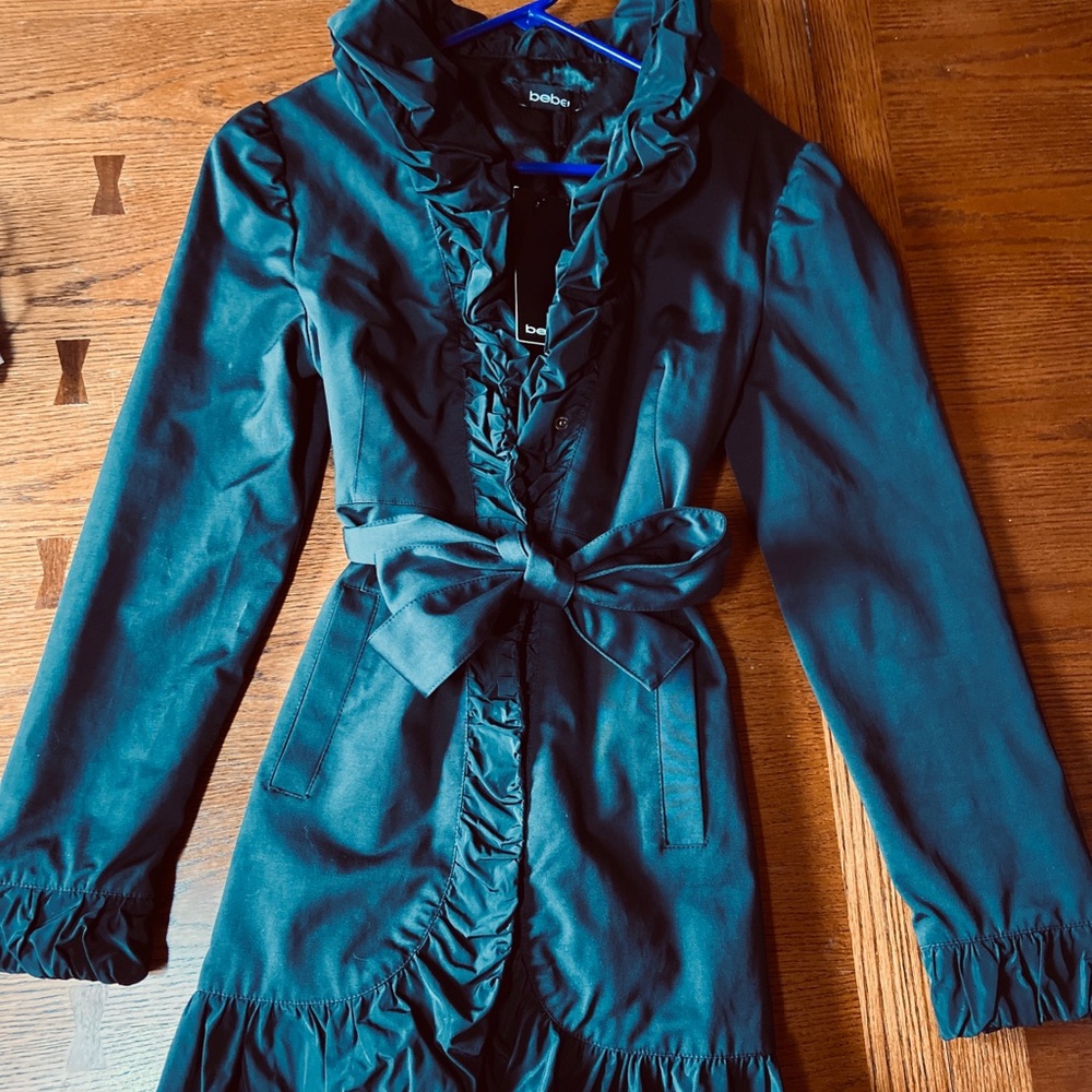 Bebe Black Peplum Trench Coat Size Small